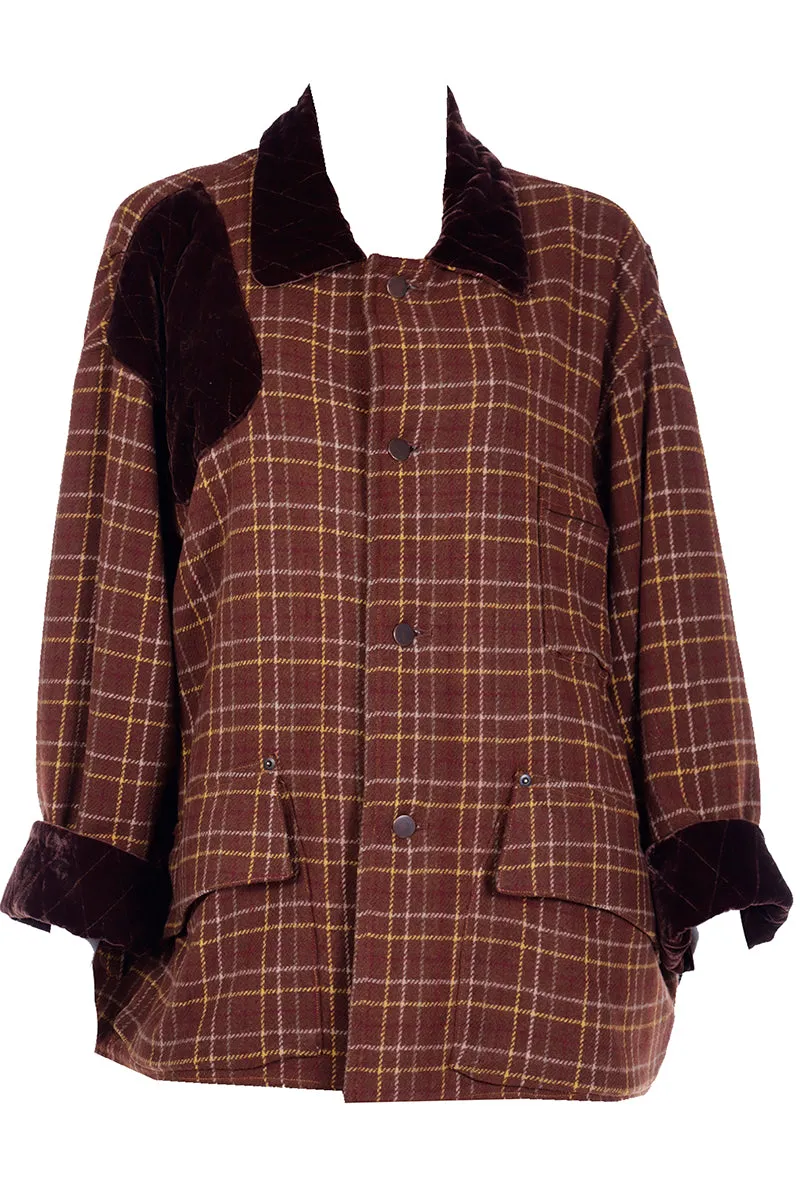 1980s Gordon Henderson Brown Plaid Jacket w/ Velvet Details