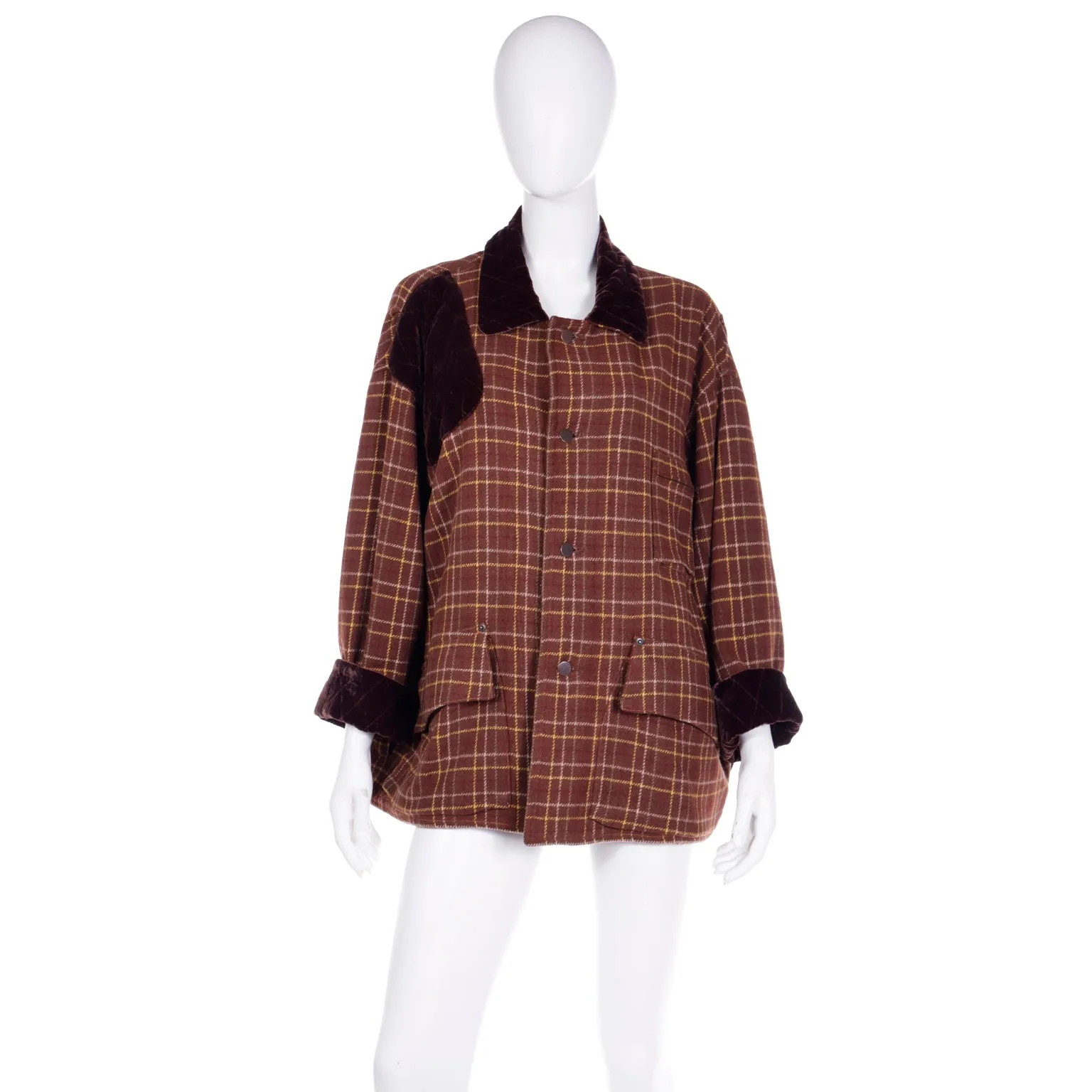 1980s Gordon Henderson Brown Plaid Jacket w/ Velvet Details