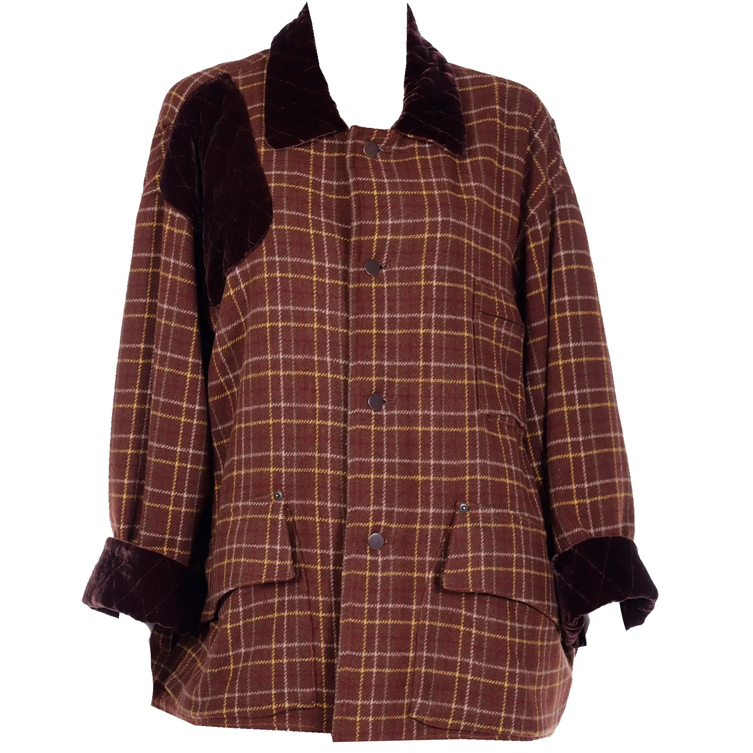 1980s Gordon Henderson Brown Plaid Jacket w/ Velvet Details