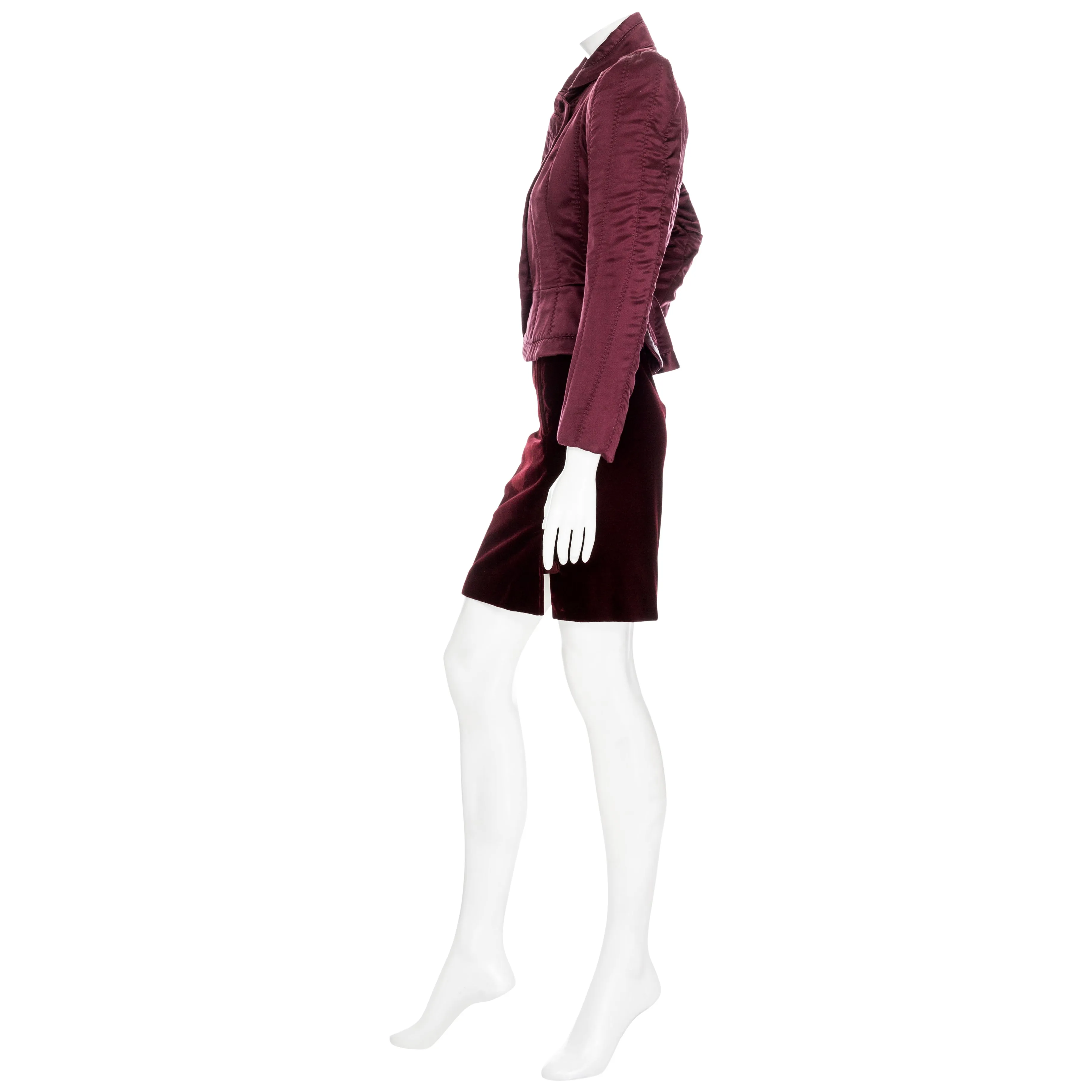 2004 Burgundy Velvet and Silk Two-Piece Skirt and Jacket Suit