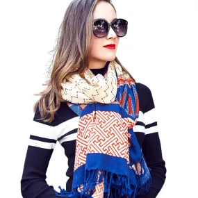 Anyyou 100% Pure Merino Wool Blue Striped Pattern Stylish Poncho Winter Large Scarf With Trendy Pashmina Shawl Bandana  For Womenfashion Design