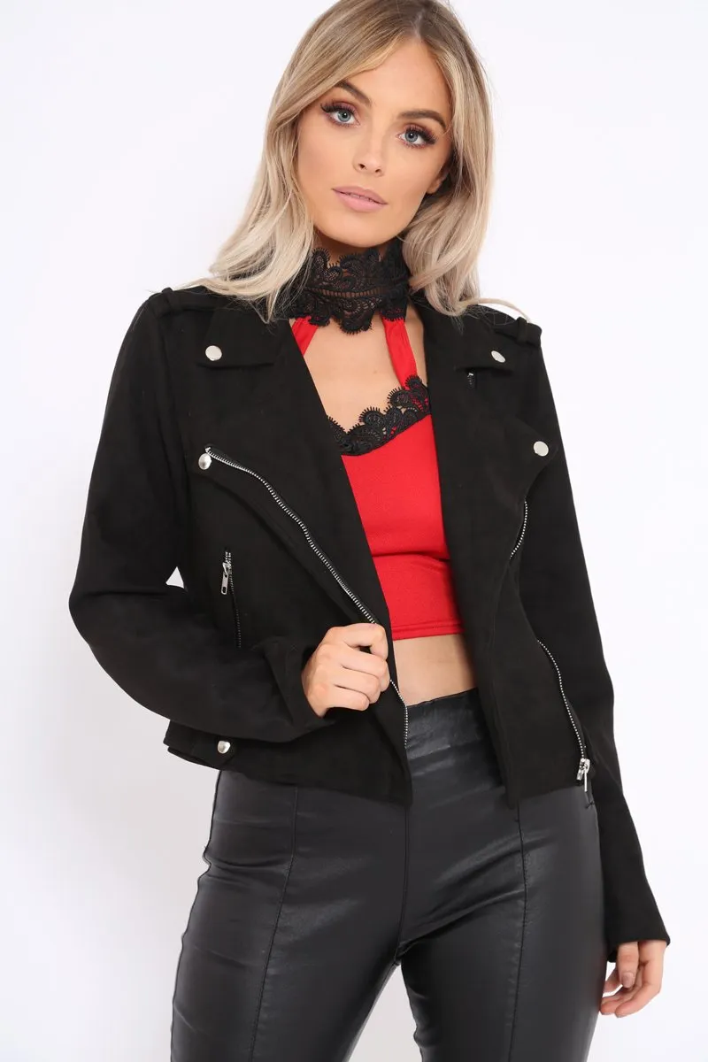 Black Suedette Biker Jacket - Rachel