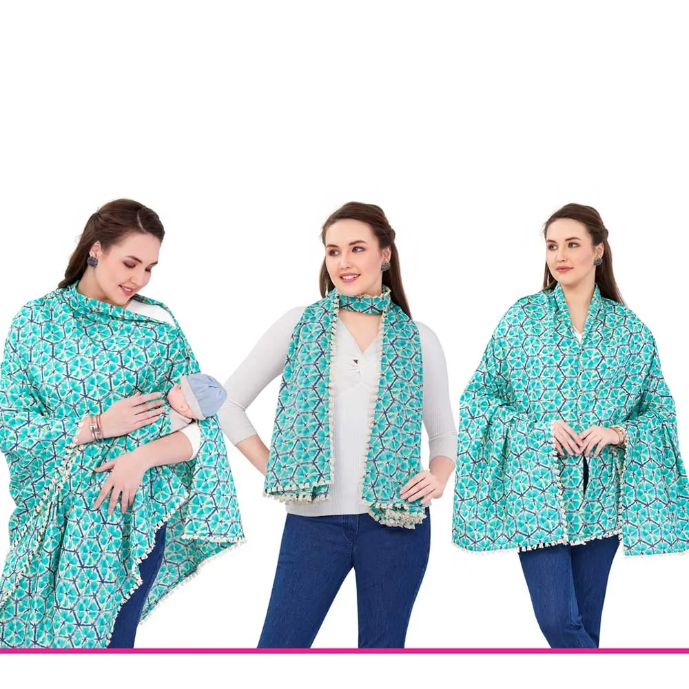 Blue Printed Cotton Nursing Cover Poncho