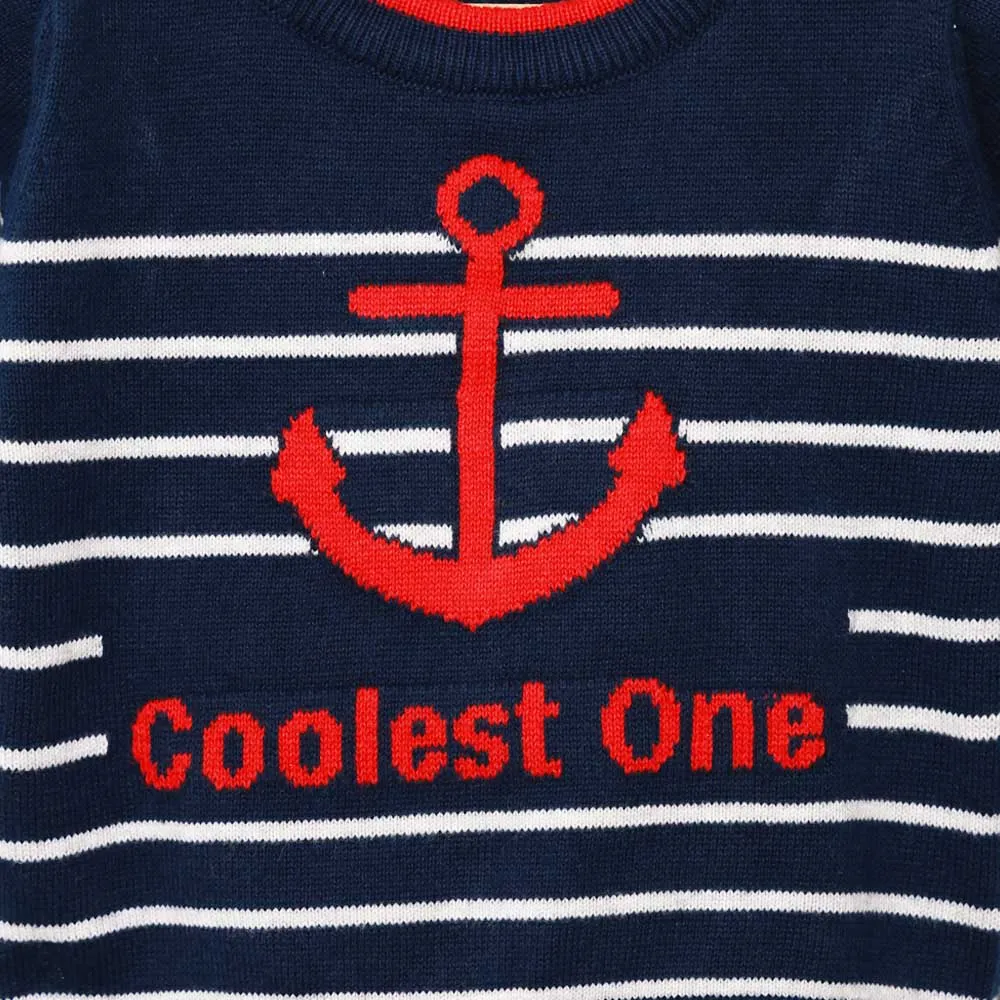 Blue Striped Full Sleeves Sweaters With Anchor Bottom