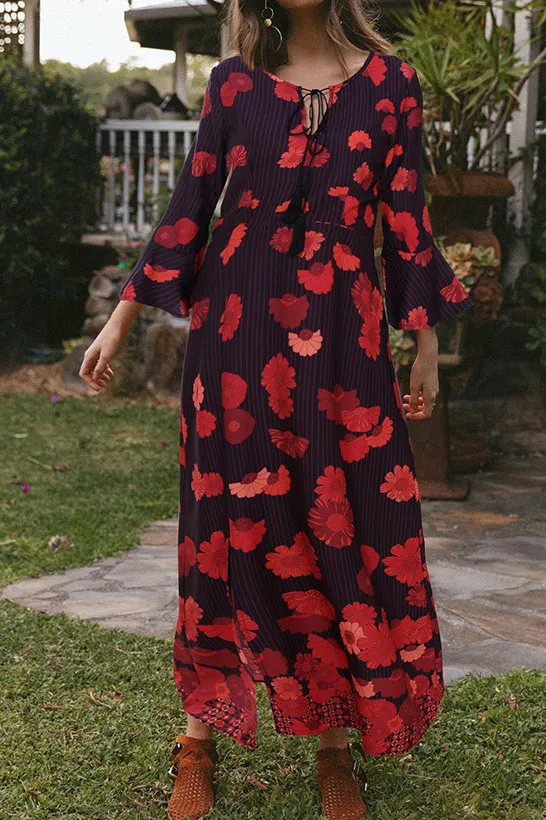 Boho Floral Print Slit Flare Sleeve Maxi Dress