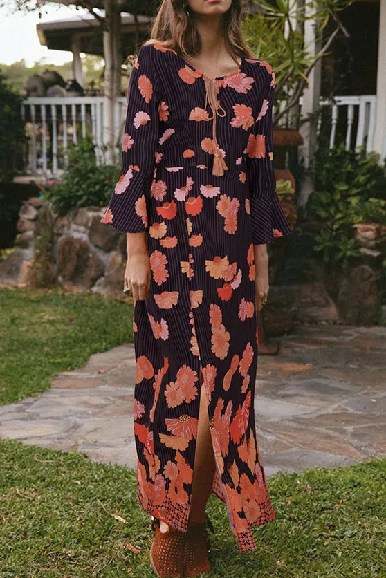 Boho Floral Print Slit Flare Sleeve Maxi Dress