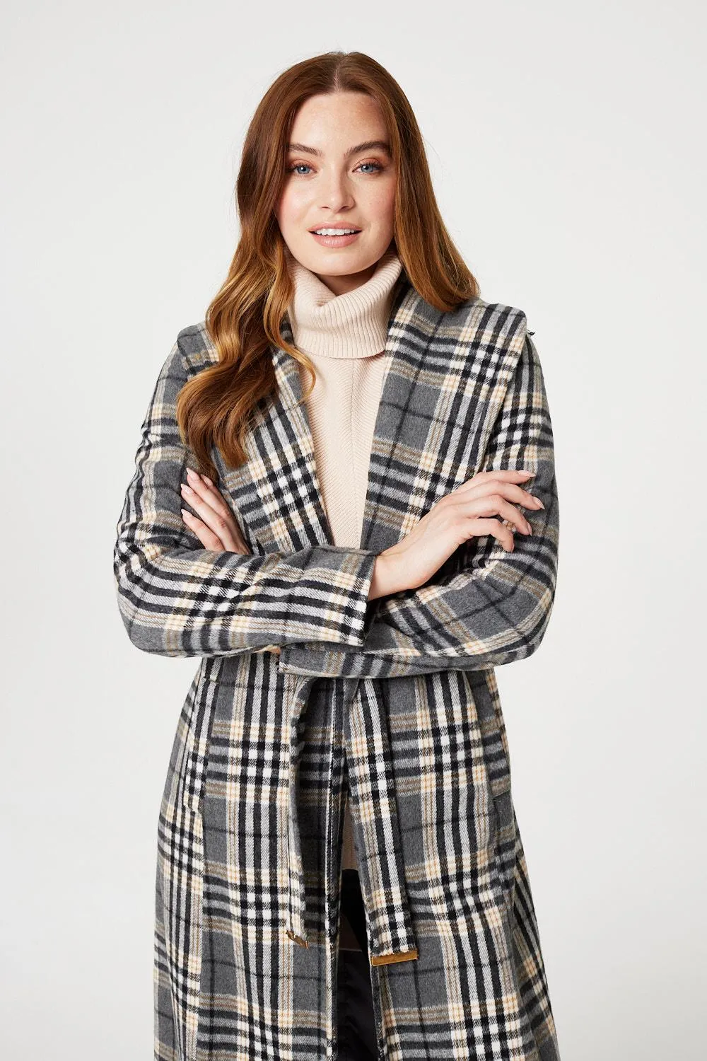 Checked Tie Waist Longline Coat