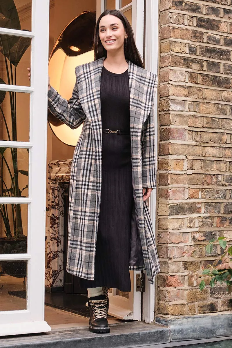 Checked Tie Waist Longline Coat