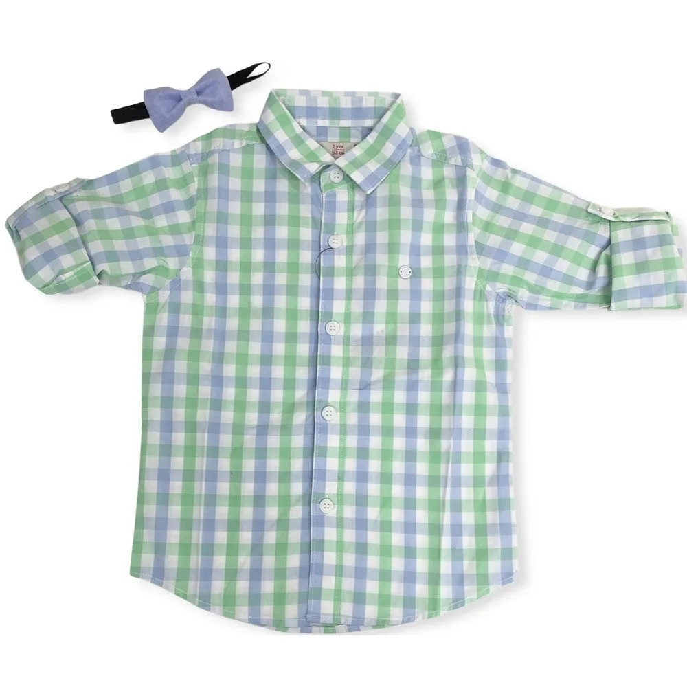 Collar Bow Green Checkered Full Sleeves Shirt