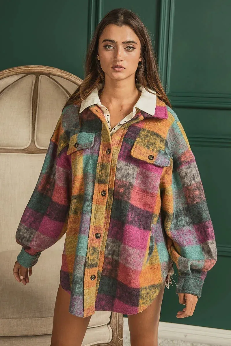 Colorful loose fit buttoned down check shirt jacket