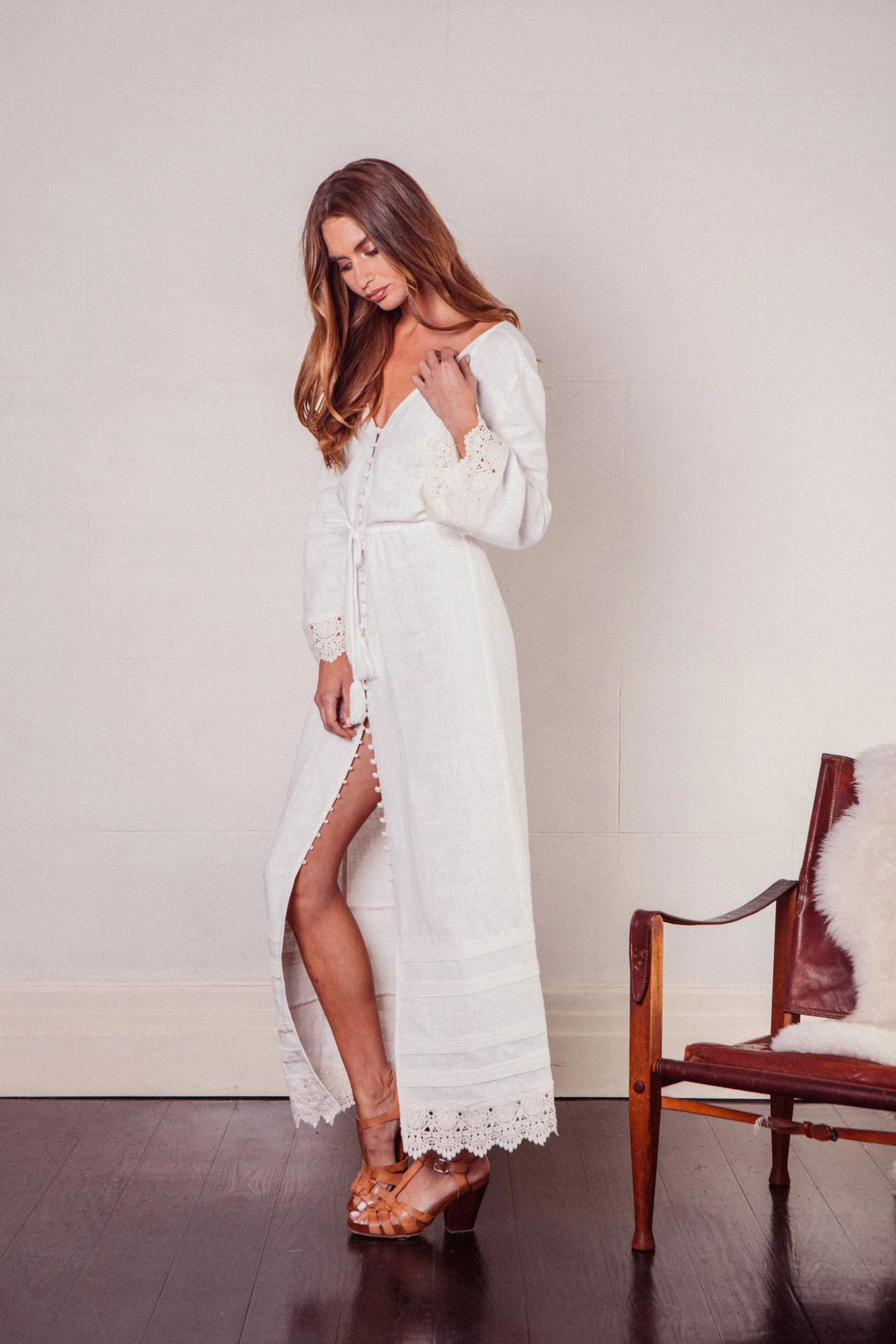 Elysium Lace Maxi Gown in Cream Linen