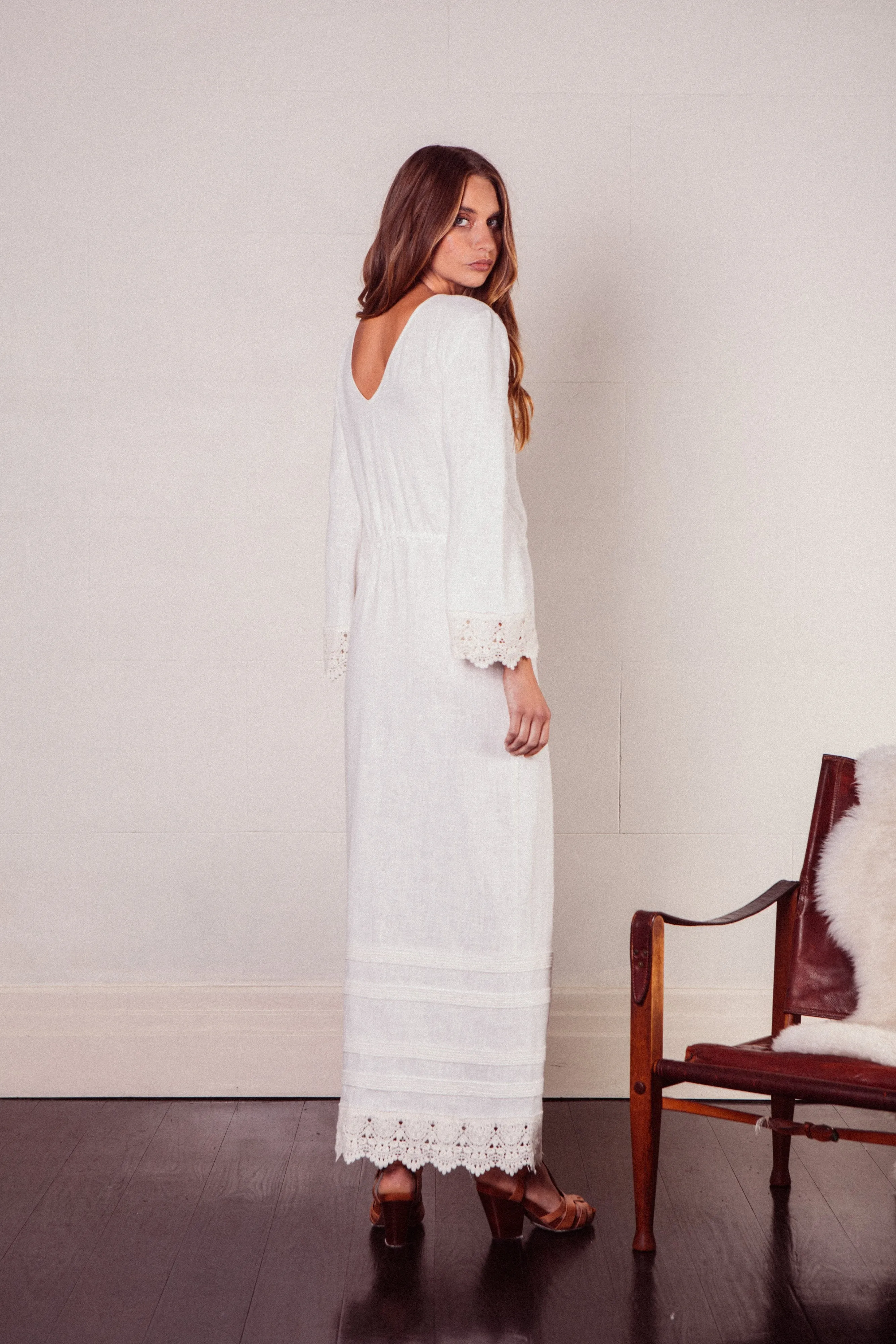 Elysium Lace Maxi Gown in Cream Linen