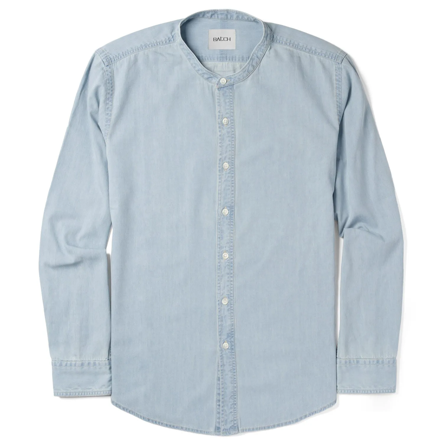 Essential Band Collar Button Down Shirt - Light Blue Cotton Denim