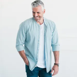 Essential Band Collar Button Down Shirt - Light Blue Cotton Denim