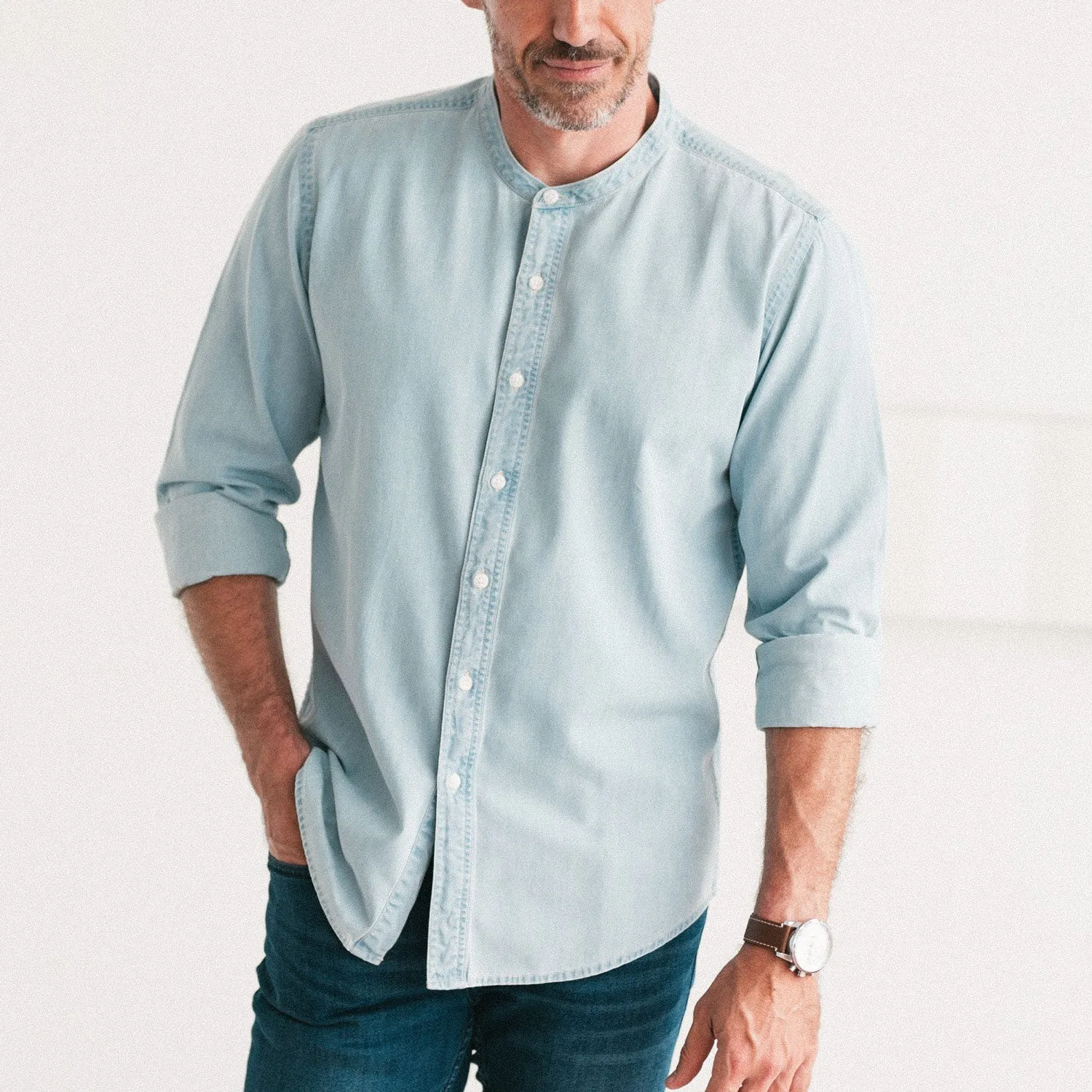 Essential Band Collar Button Down Shirt - Light Blue Cotton Denim