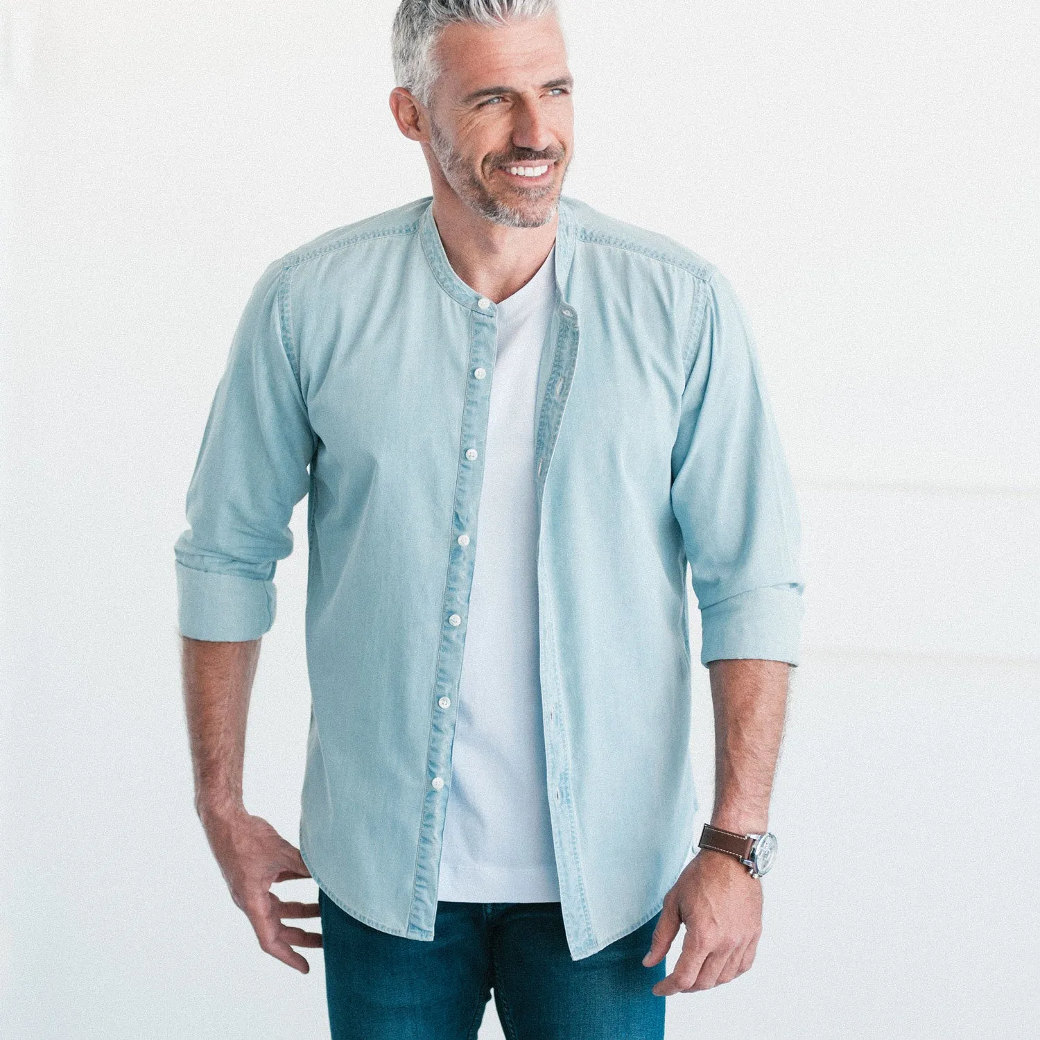 Essential Band Collar Button Down Shirt - Light Blue Cotton Denim