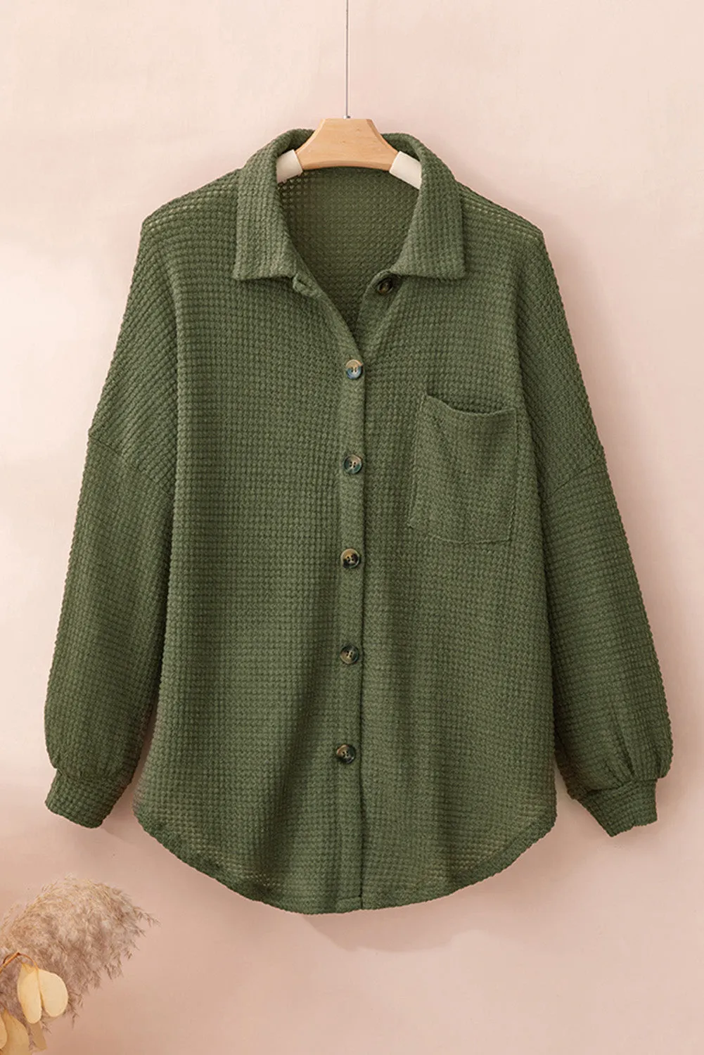 Green Waffle Knit Pocket Button Front Shacket