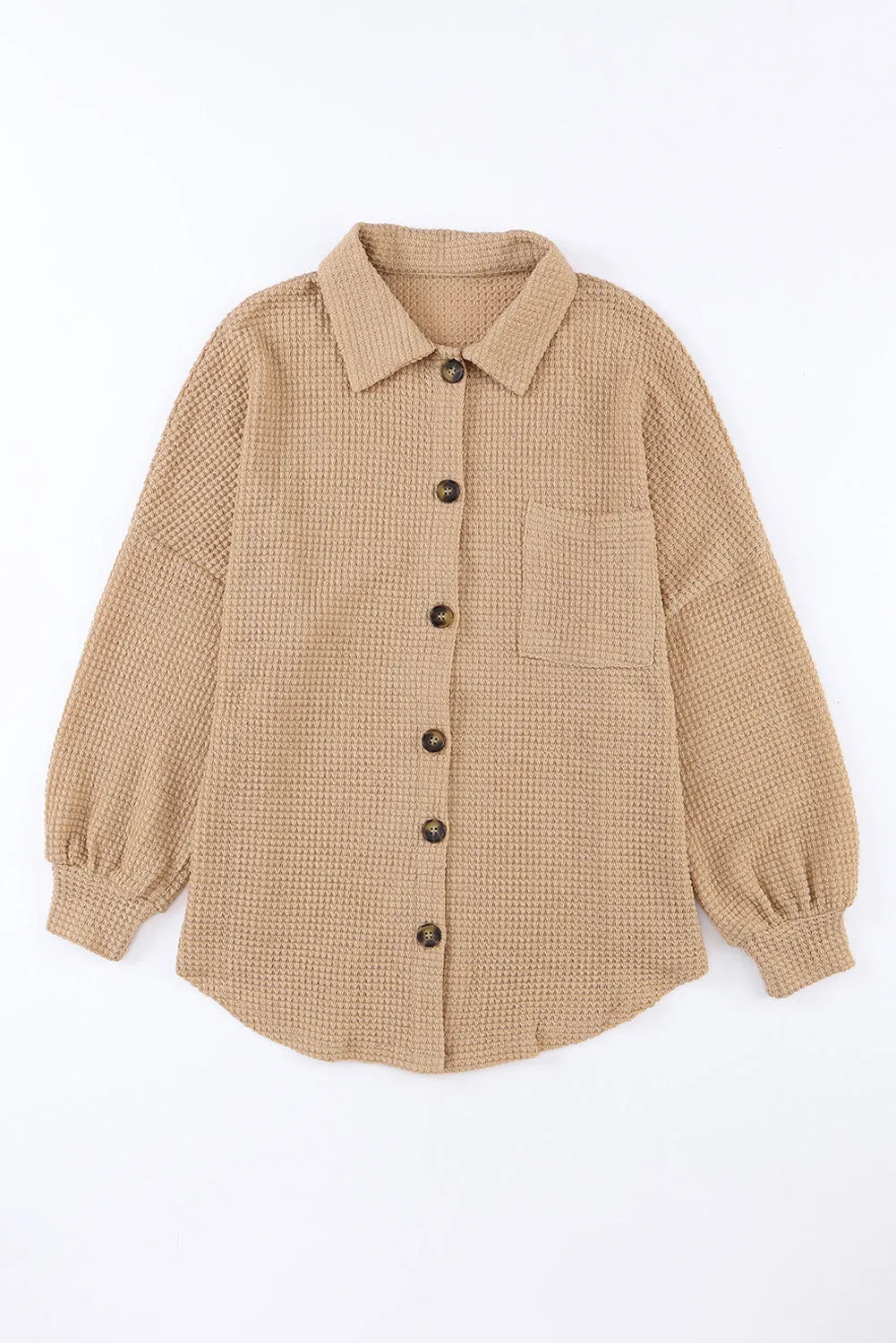 Green Waffle Knit Pocket Button Front Shacket