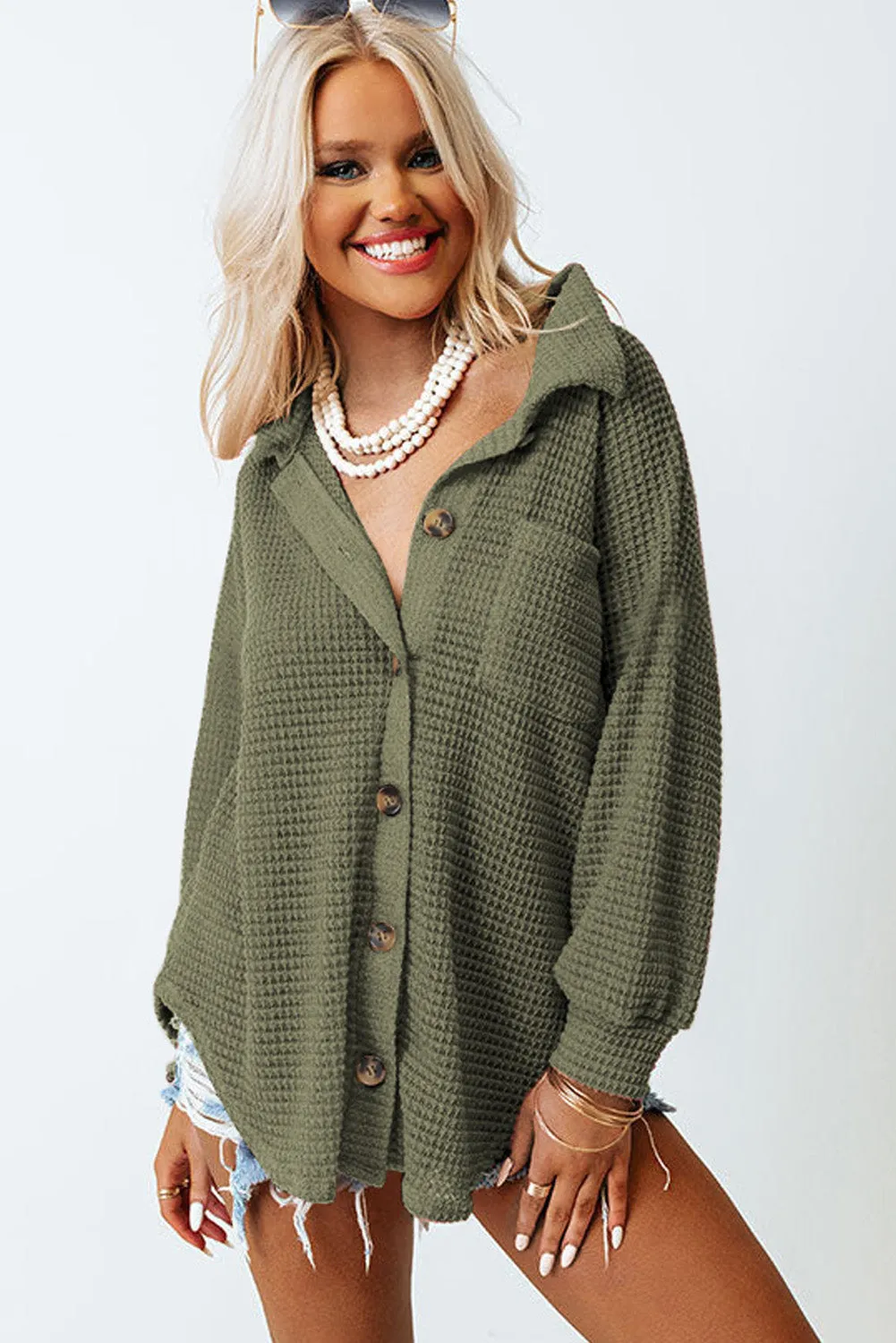 Green Waffle Knit Pocket Button Front Shacket