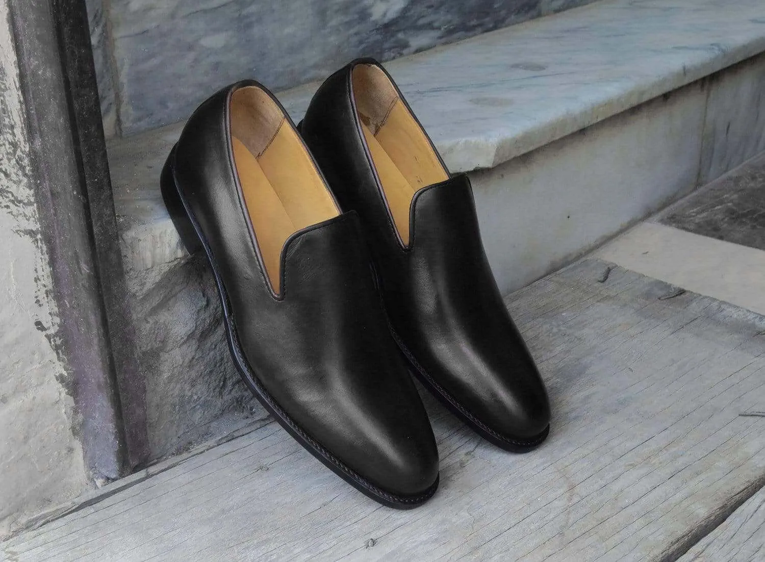 Handmade Men's Slip On Leather Black Moccasin Shoes