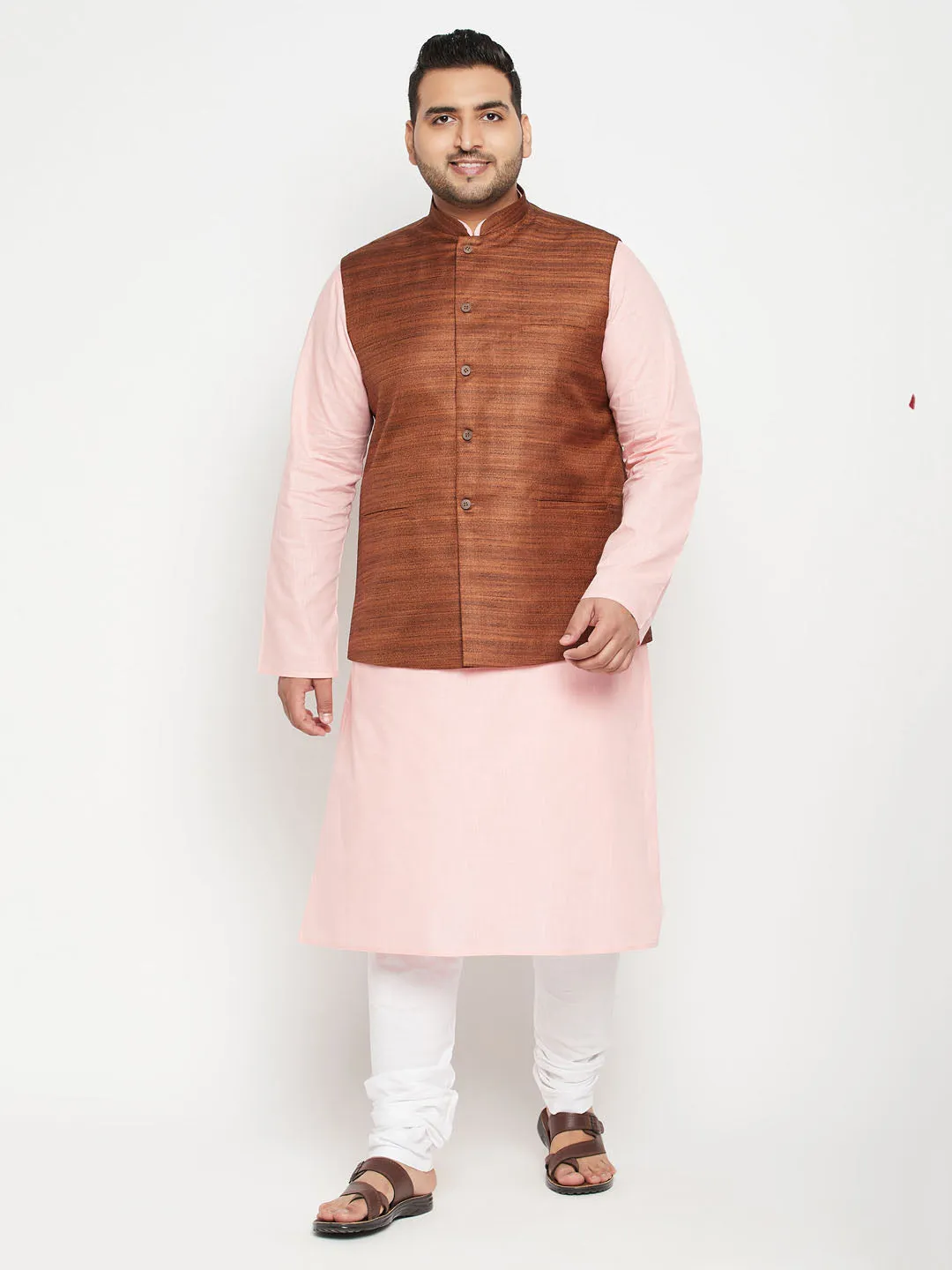 Jashvi Men's Plus Size Pink and Coffee Brown Cotton Blend Jacket Kurta Pyjama Set