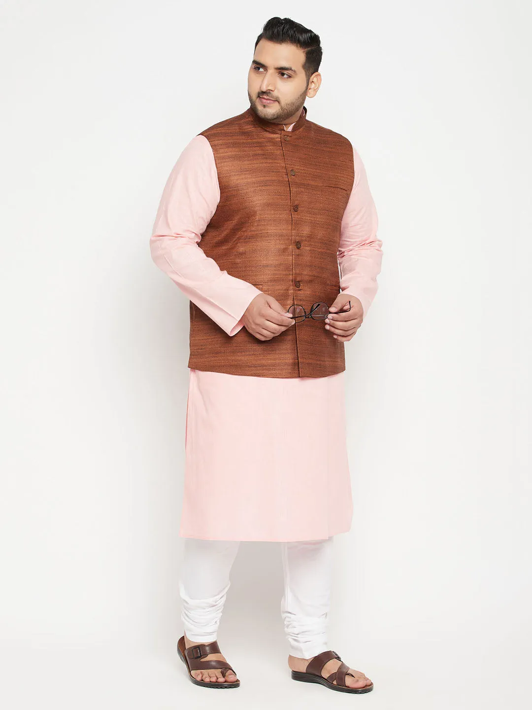 Jashvi Men's Plus Size Pink and Coffee Brown Cotton Blend Jacket Kurta Pyjama Set