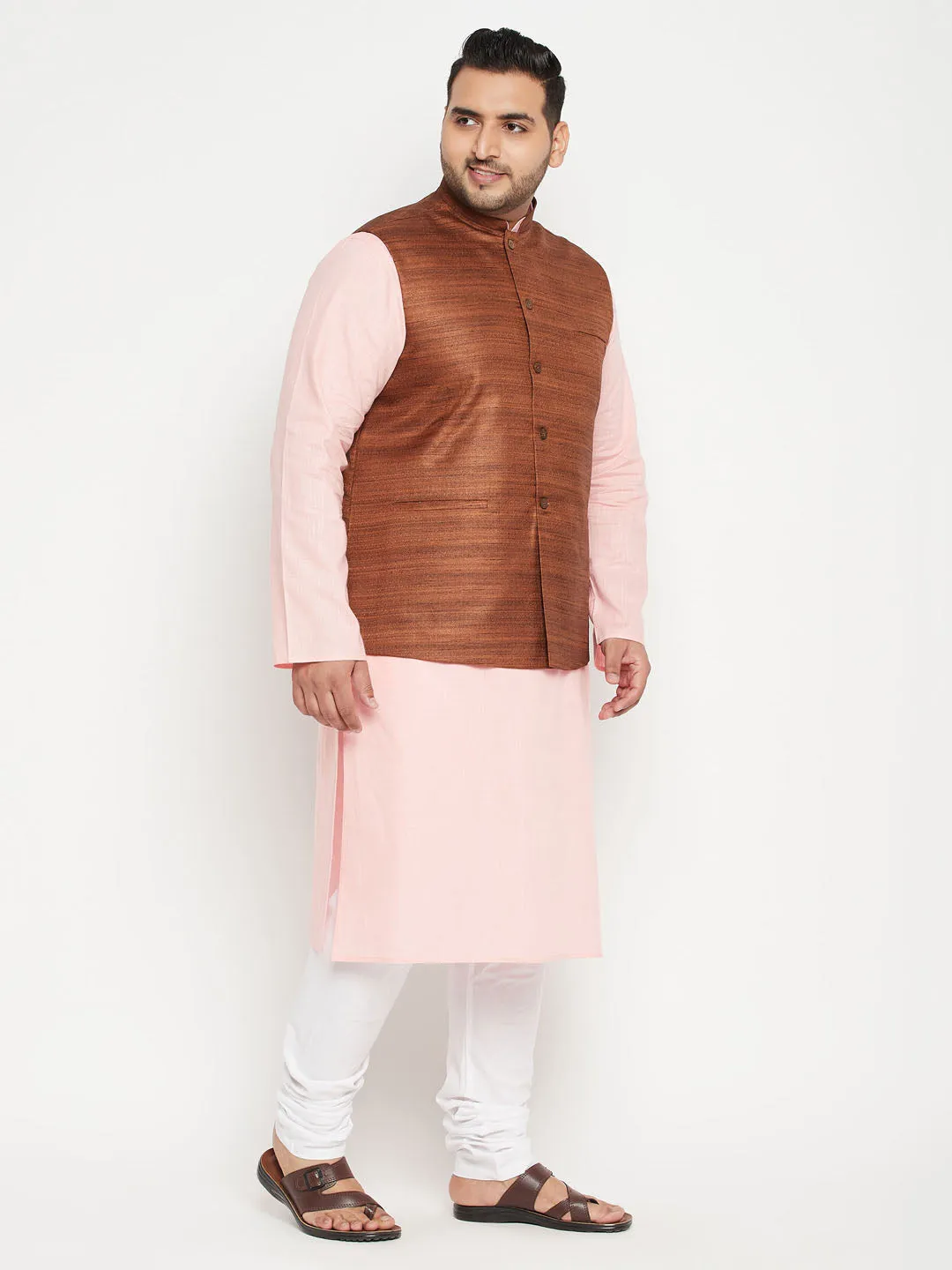 Jashvi Men's Plus Size Pink and Coffee Brown Cotton Blend Jacket Kurta Pyjama Set