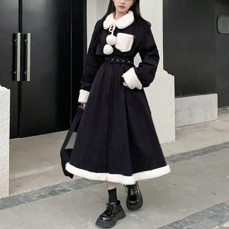 Joskaa hoco dresses Back to College 2024 Winter Gothic Faux Fur Black Dress Vintage Women Casual Slim Outwear Y2k Trench Midi Dress Party Lady One Piece Dress Korea