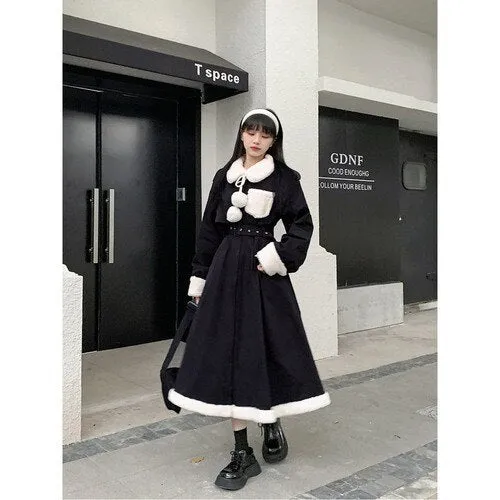 Joskaa hoco dresses Back to College 2024 Winter Gothic Faux Fur Black Dress Vintage Women Casual Slim Outwear Y2k Trench Midi Dress Party Lady One Piece Dress Korea