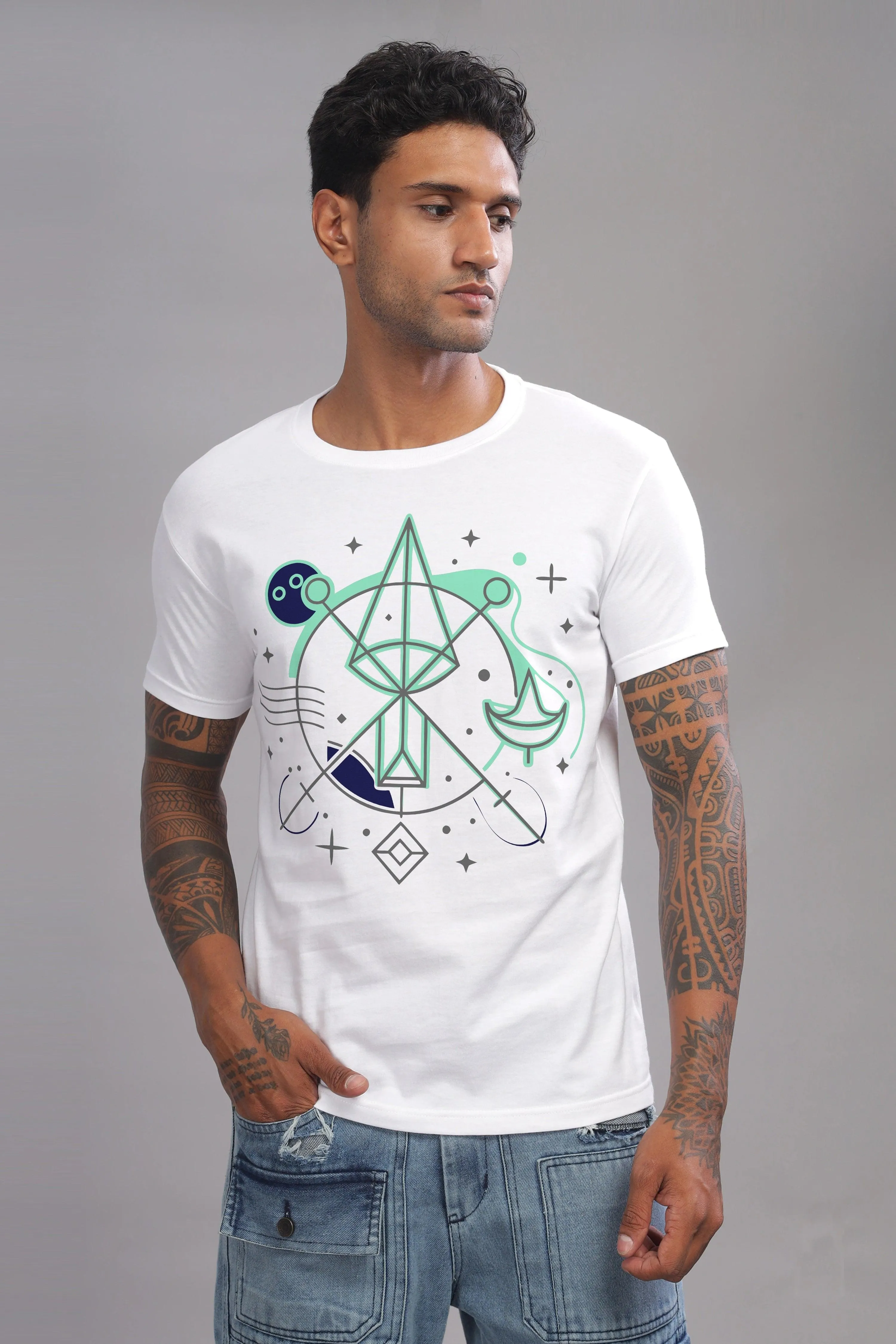 Lively Libra White Half Sleeve Printed Round Neck T-Shirt