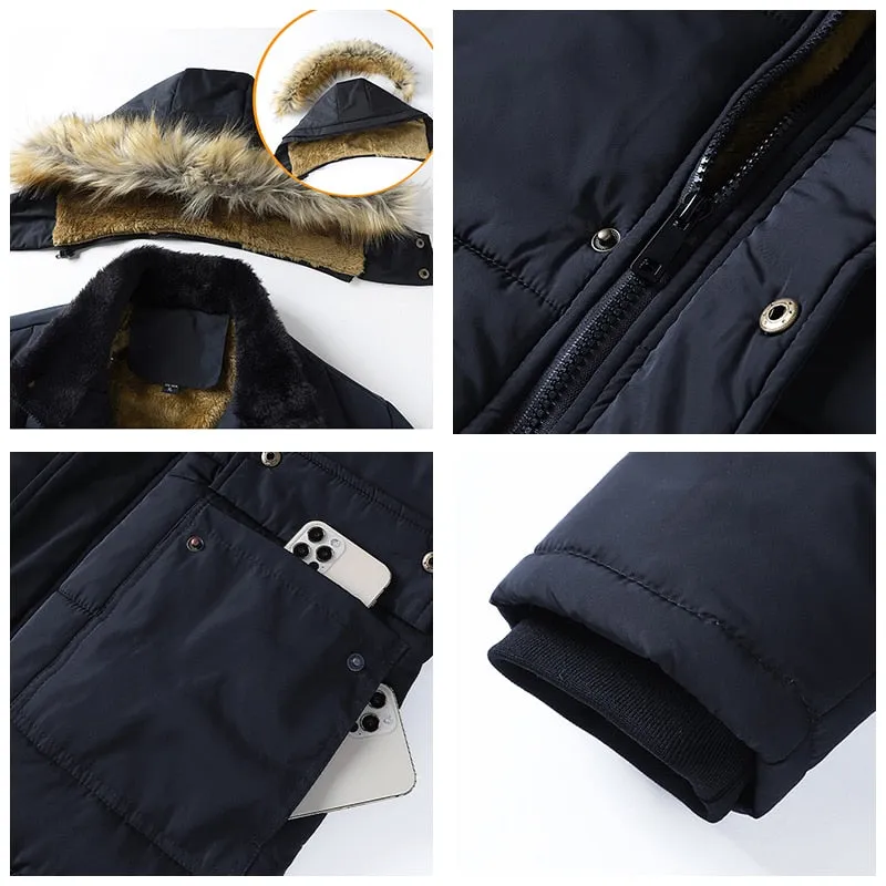 Men Winter Windproof Fleece Warm Thick Jacket Parkas Hooded Coat Parka