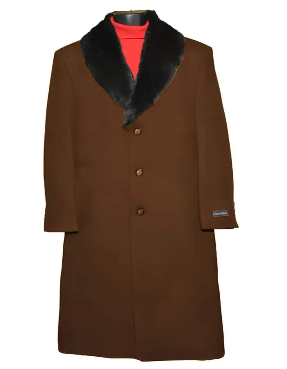 Mens Overcoat - Topcoat For Men - Winter Fabric - Brown Fur Collar 3 Button Wool Ankle length Overcoat ~ Long men's Dress Topcoat - Winter coat