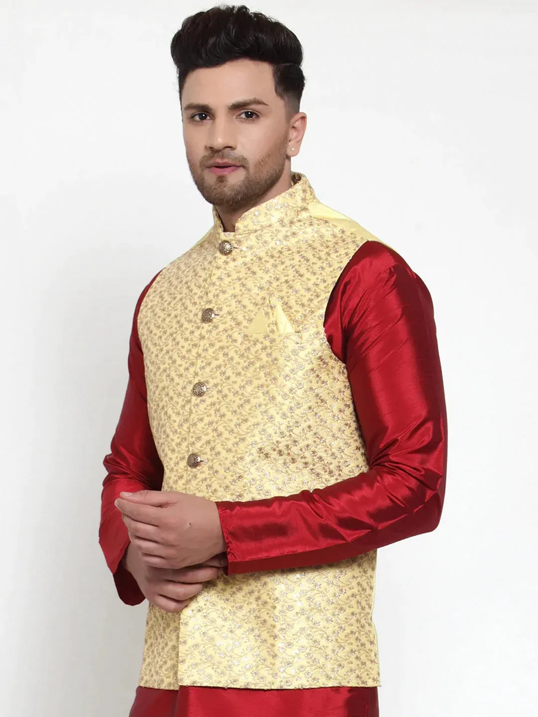 Men'S Yellow Embroidered Nehru Jacket