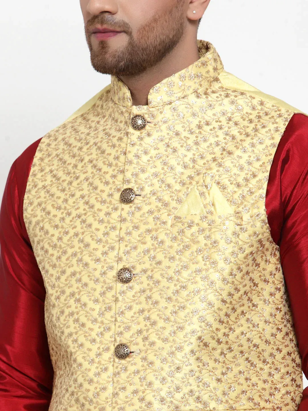 Men'S Yellow Embroidered Nehru Jacket