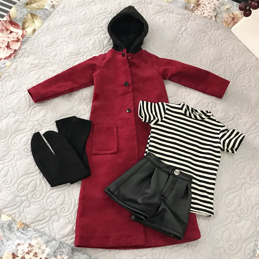 niannyyhouse 1/3 1/4 1/6 BJD Dolls Clothes Burgundy Overcoat Striped T-Shirt Leather Shorts Socks Ball Jointed Dolls Accessories Dress Up Gift