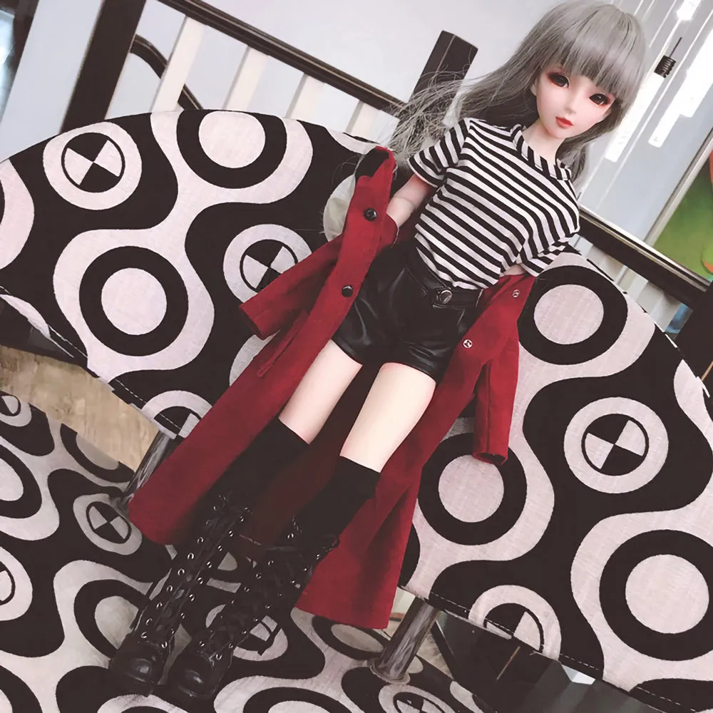 niannyyhouse 1/3 1/4 1/6 BJD Dolls Clothes Burgundy Overcoat Striped T-Shirt Leather Shorts Socks Ball Jointed Dolls Accessories Dress Up Gift