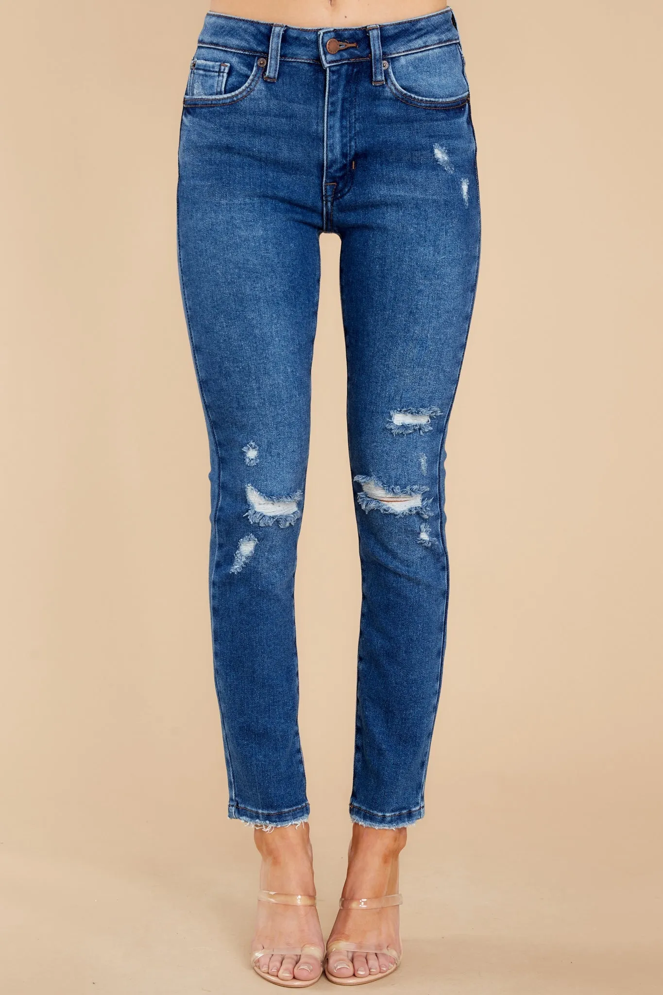 Own It Like Me Dark Wash Distressed Slim Jeans