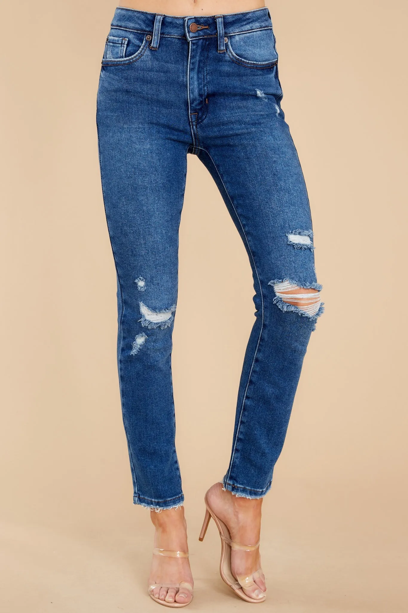 Own It Like Me Dark Wash Distressed Slim Jeans