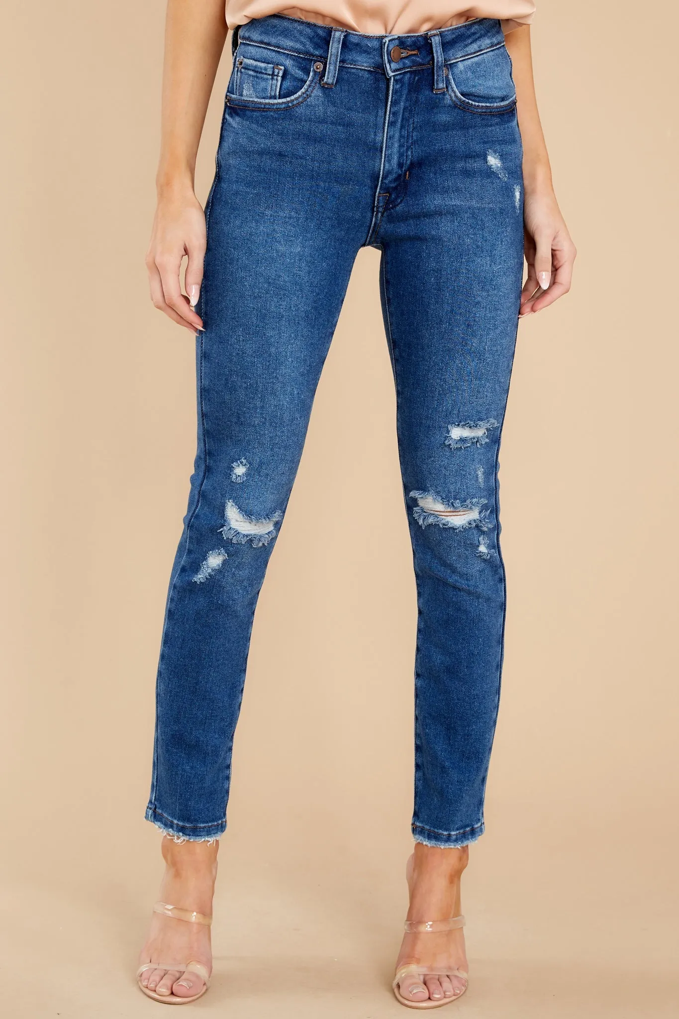 Own It Like Me Dark Wash Distressed Slim Jeans