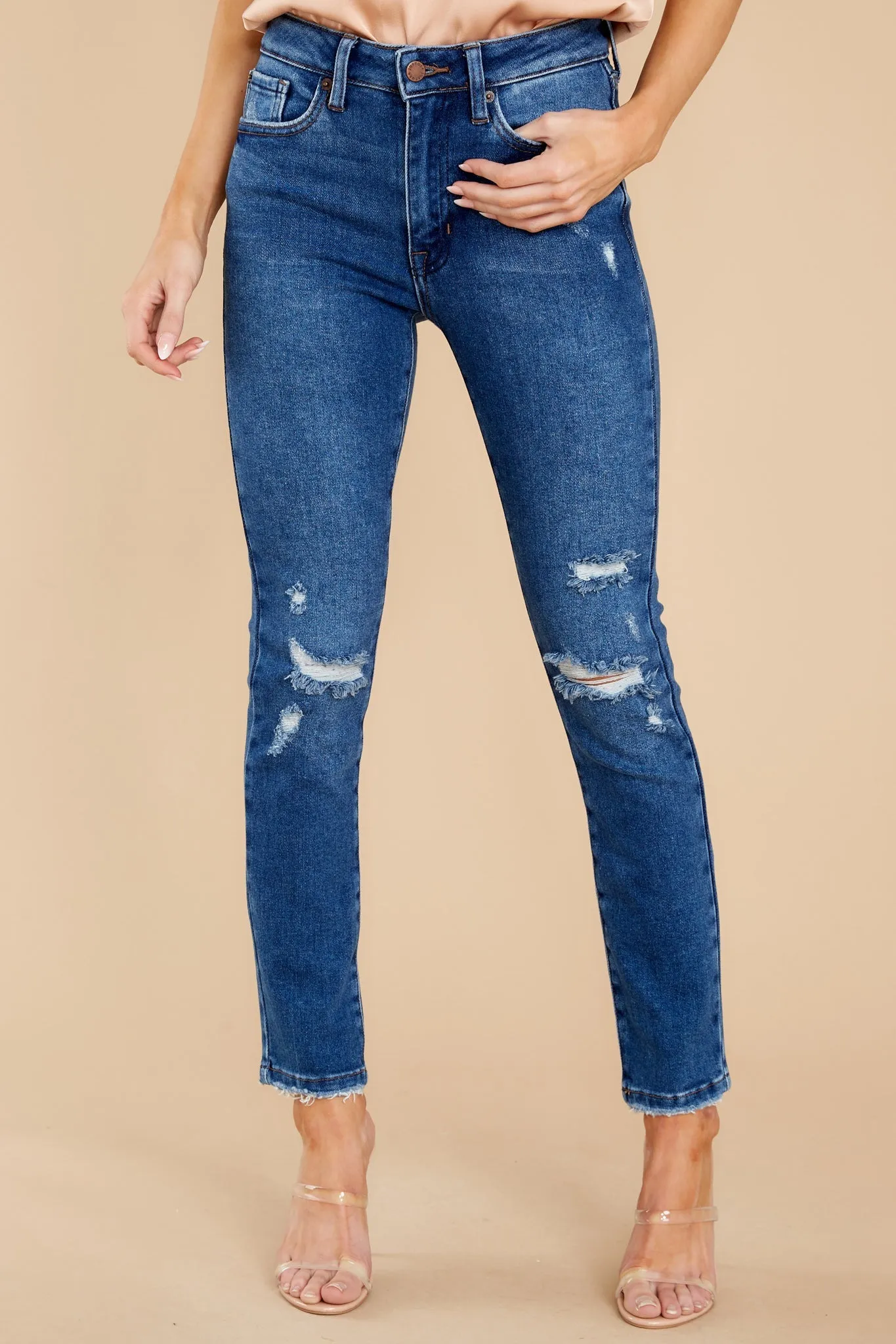 Own It Like Me Dark Wash Distressed Slim Jeans