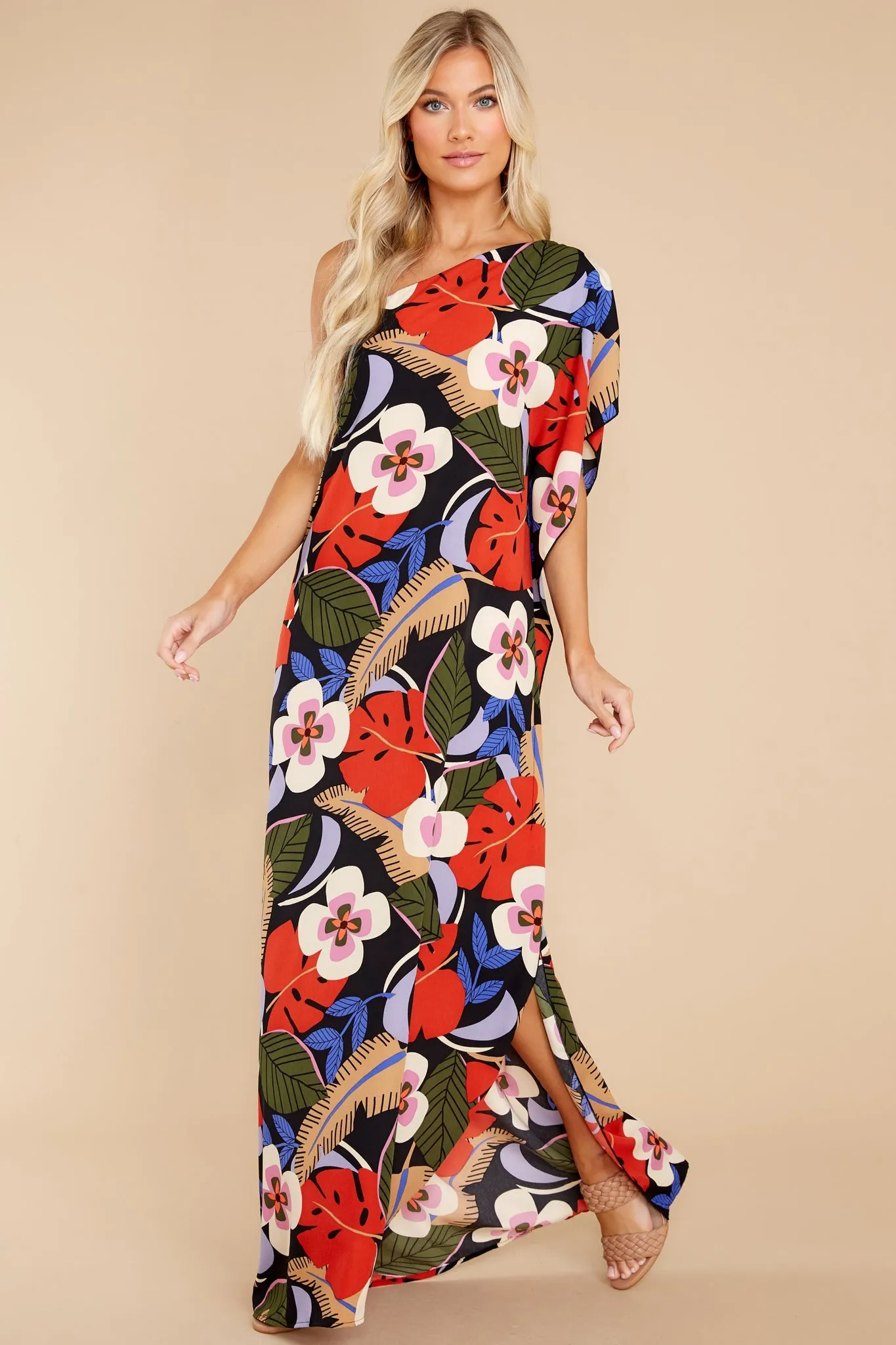 Palm Spring Paradise Black Multi Tropical Print Dress