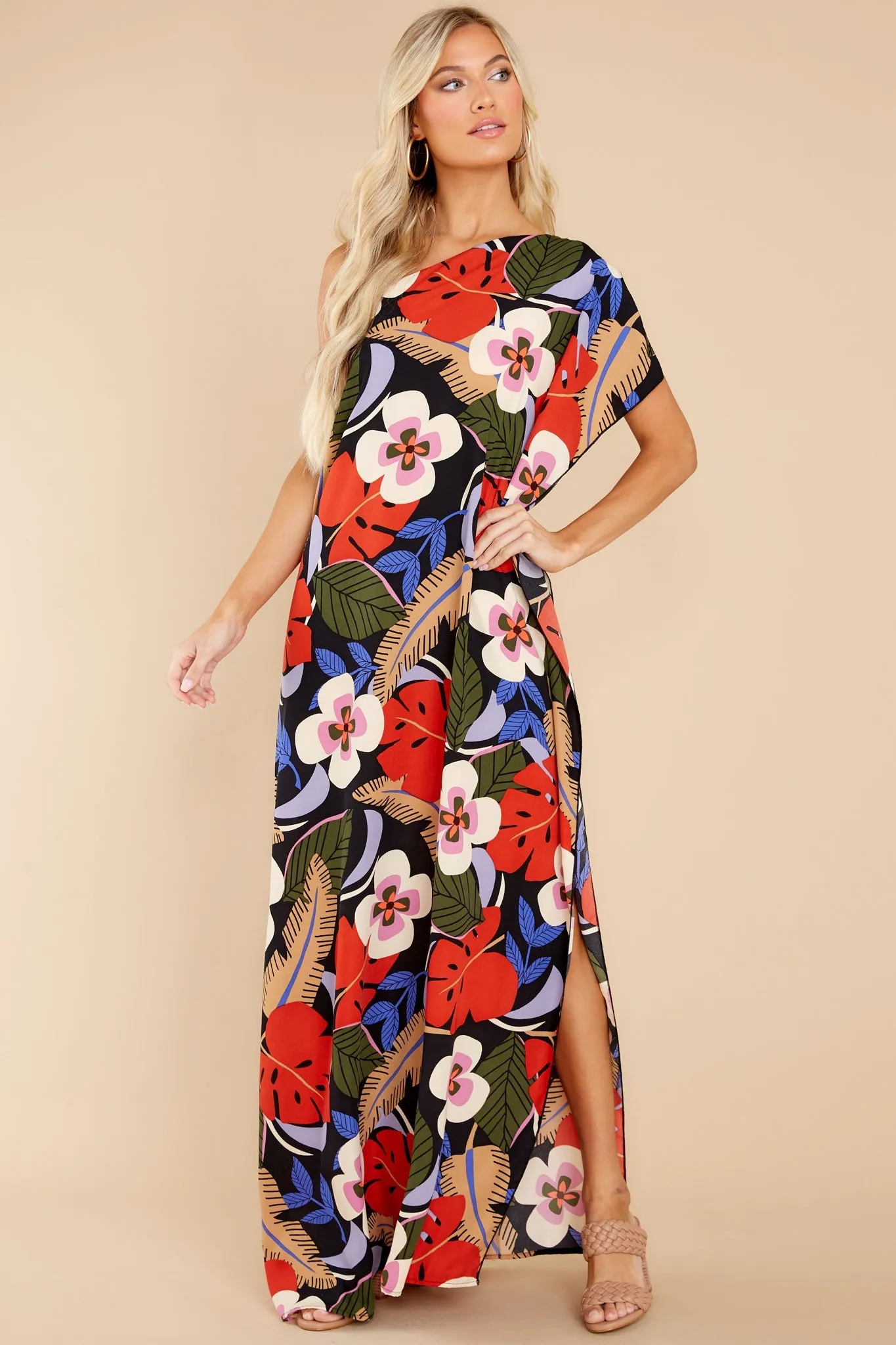 Palm Spring Paradise Black Multi Tropical Print Dress