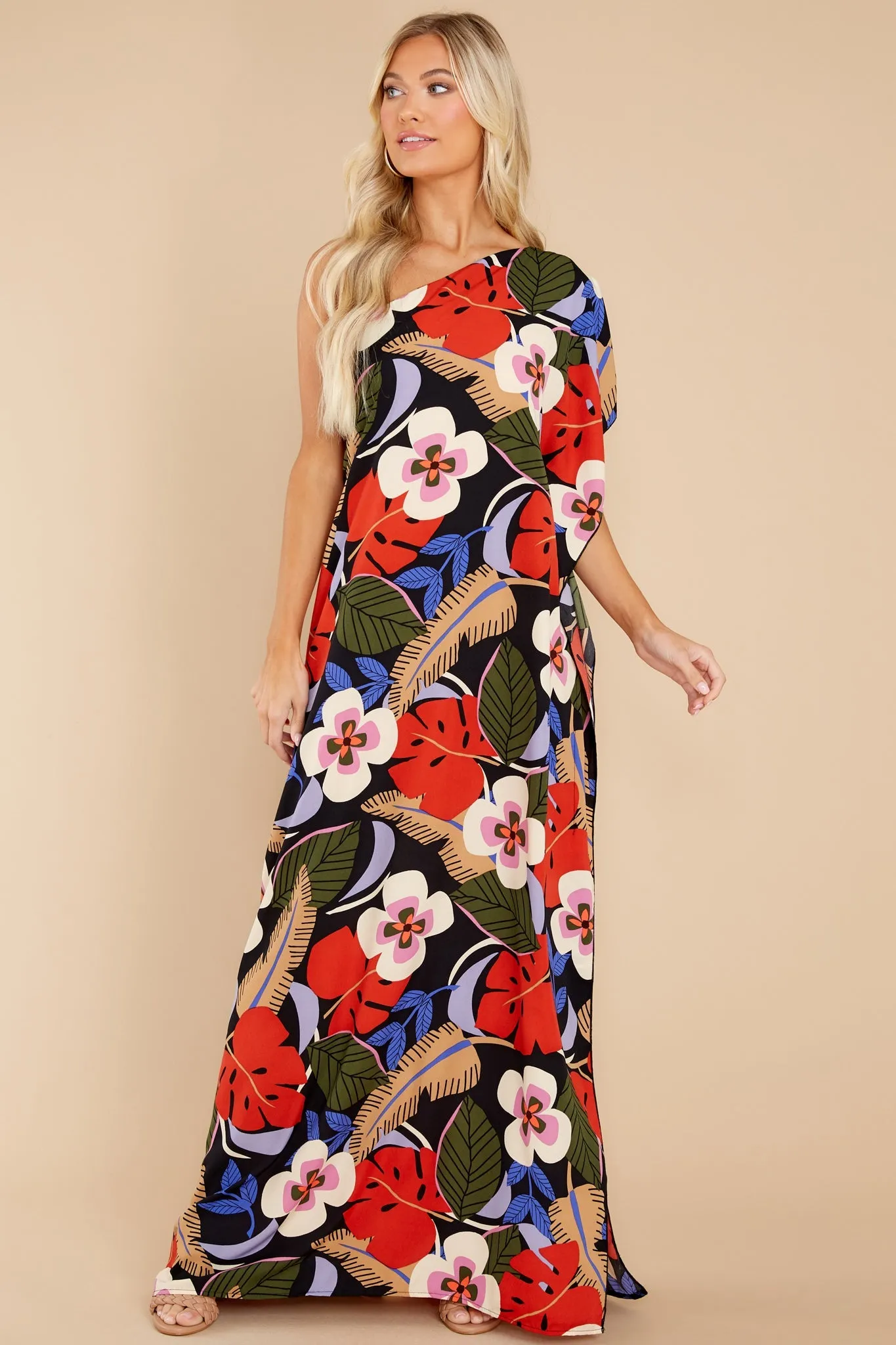 Palm Spring Paradise Black Multi Tropical Print Dress