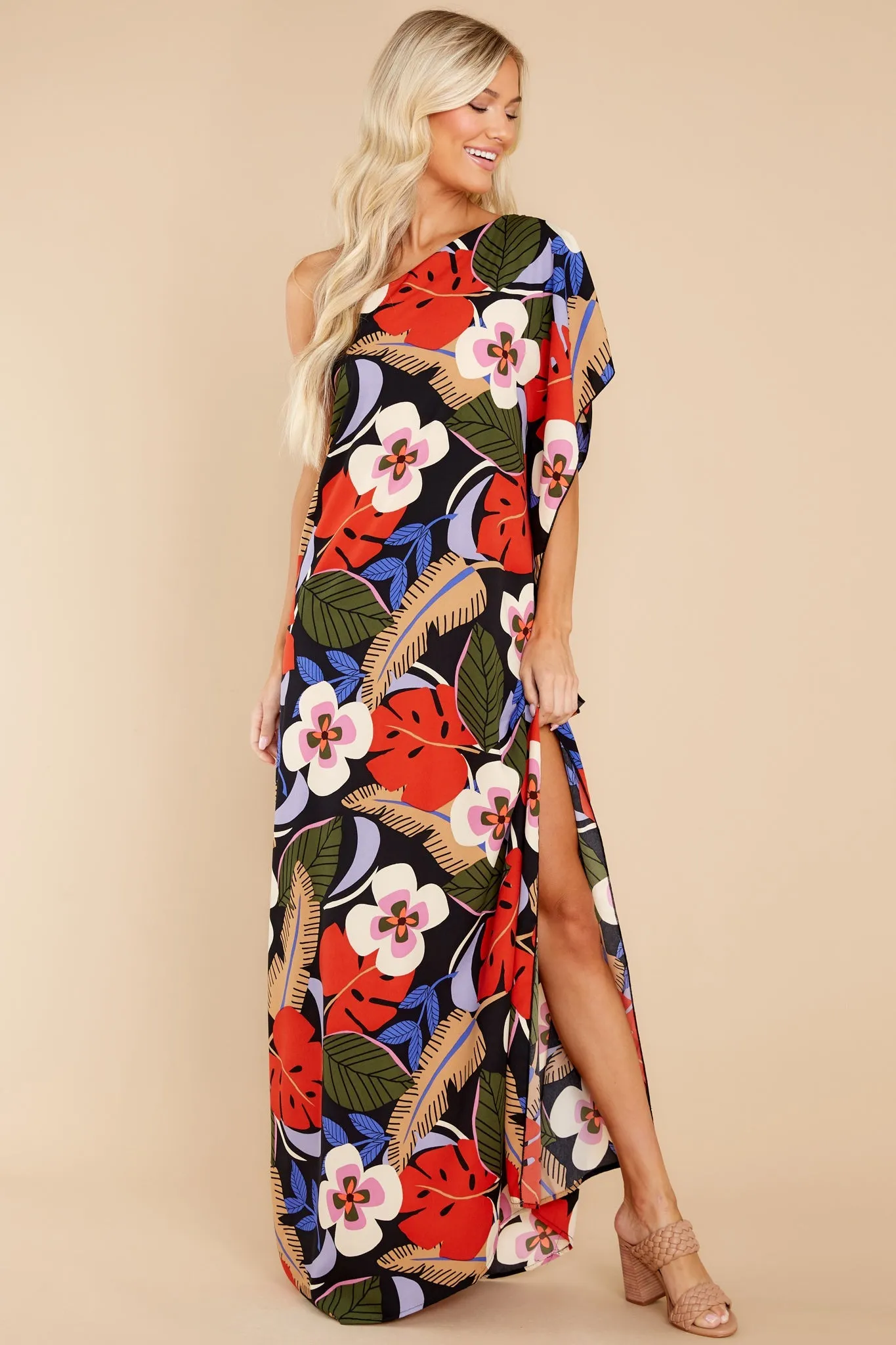 Palm Spring Paradise Black Multi Tropical Print Dress