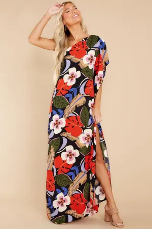 Palm Spring Paradise Black Multi Tropical Print Dress