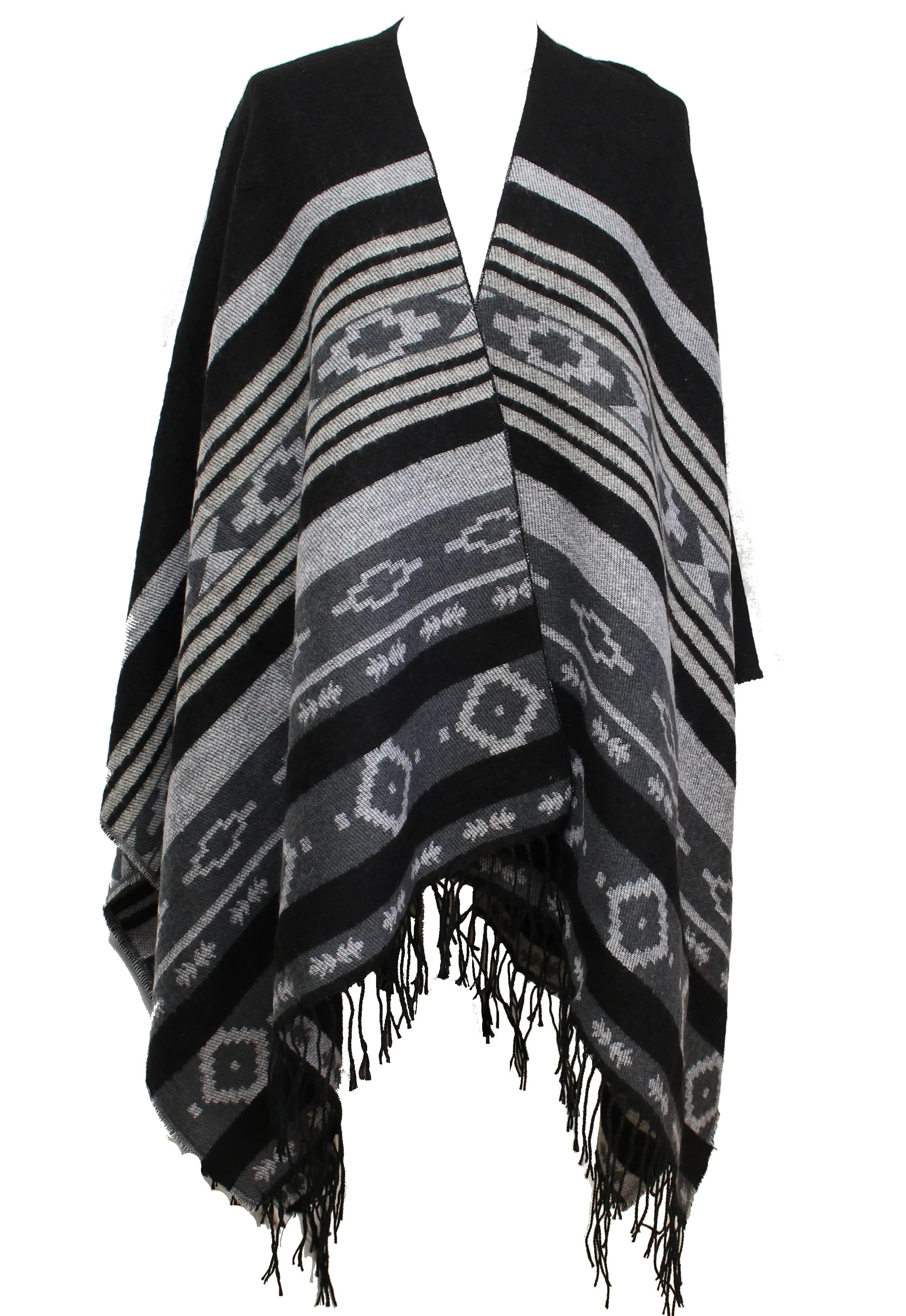 Patterned Black & Grey Winter Poncho/ Shawl