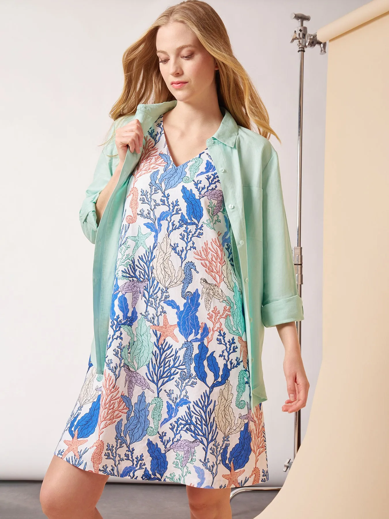 Plus Size Printed Linen Trapeze Dress