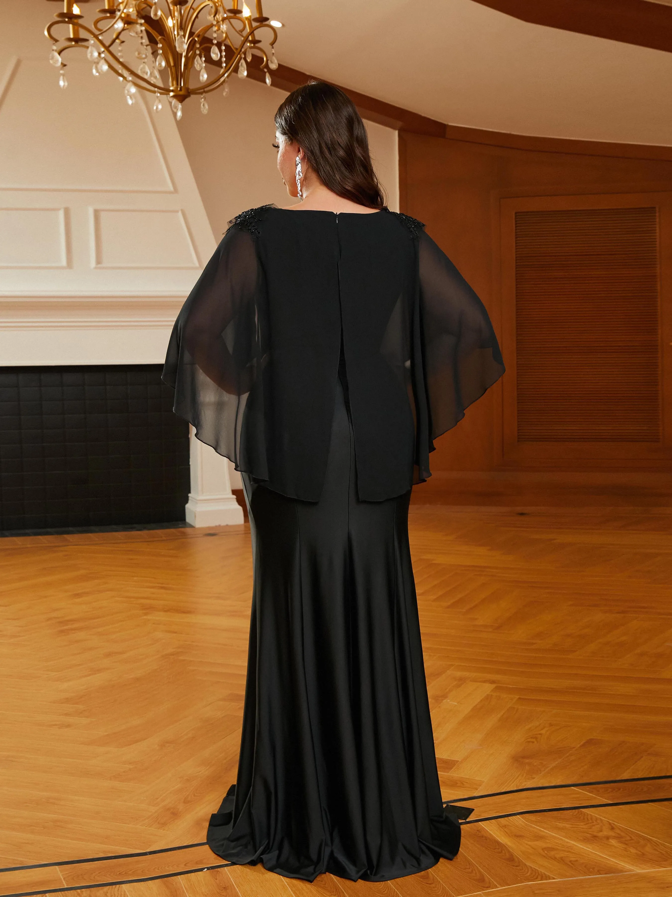 Plus Size V-neck Cape Sleeve Black Prom Dress PRM21017