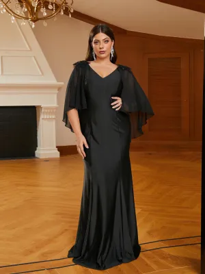 Plus Size V-neck Cape Sleeve Black Prom Dress PRM21017