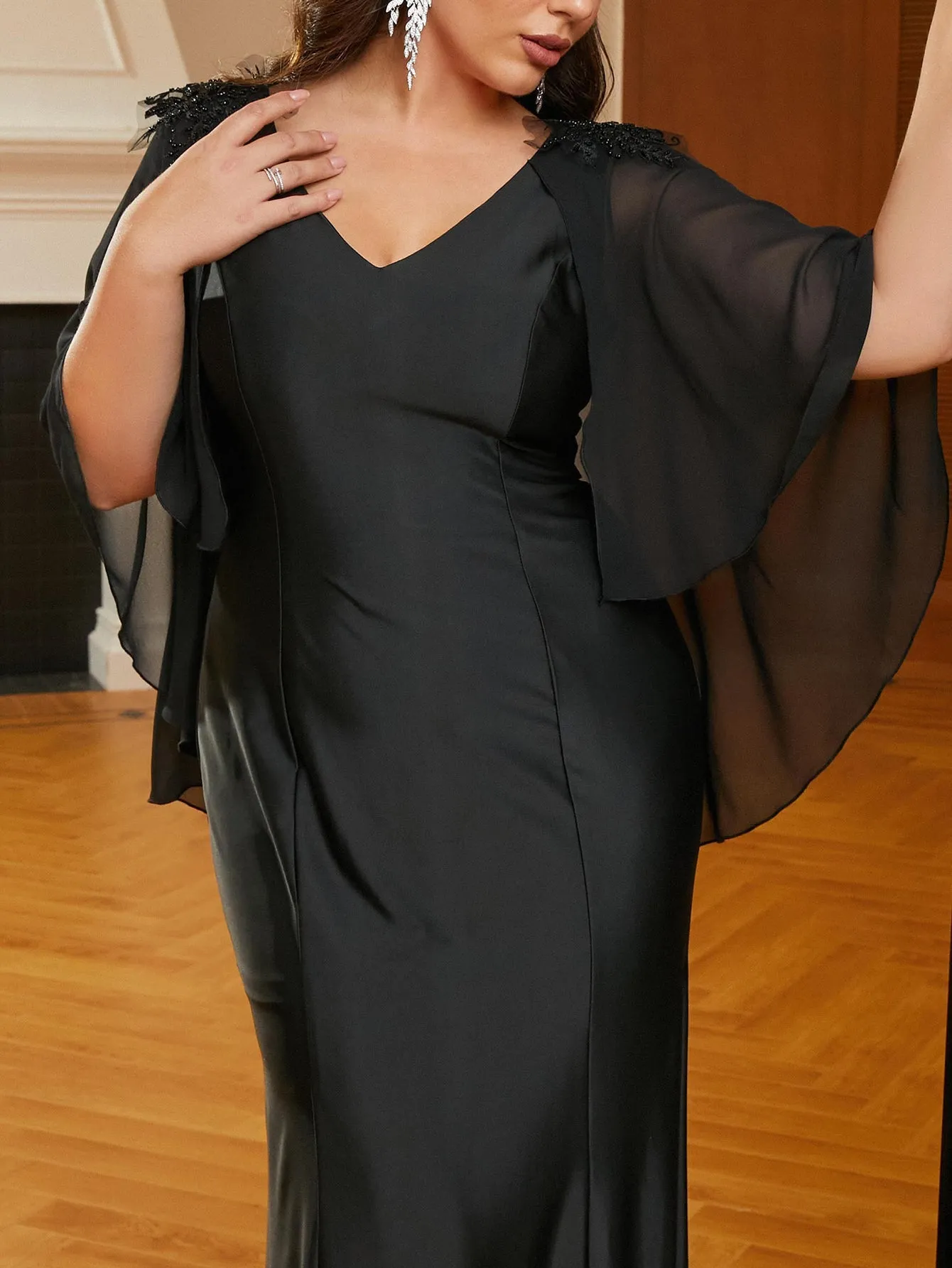 Plus Size V-neck Cape Sleeve Black Prom Dress PRM21017